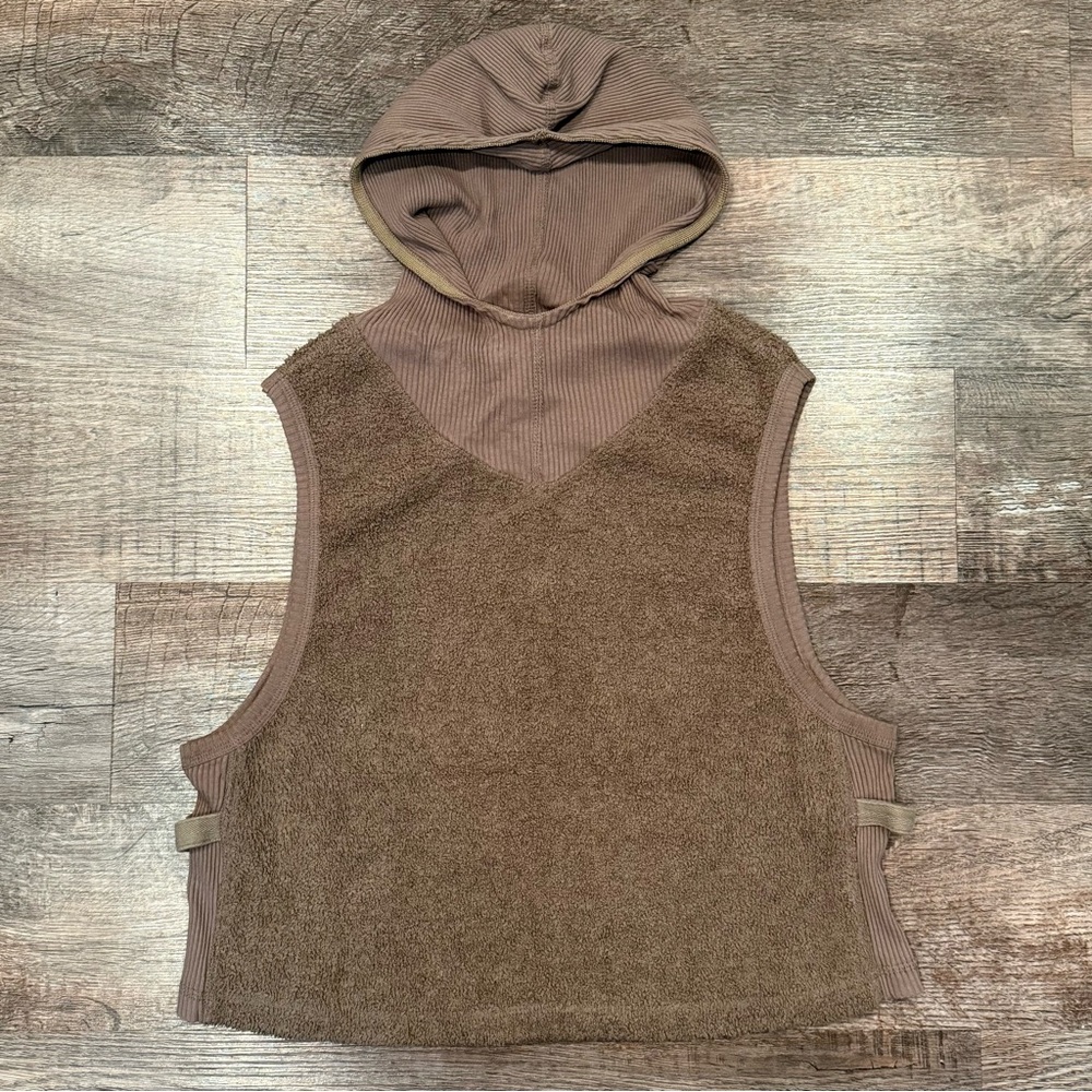 Free People Movement Brown Fuzzy Hooded Pullover Sleeveless Top Size Large Boho